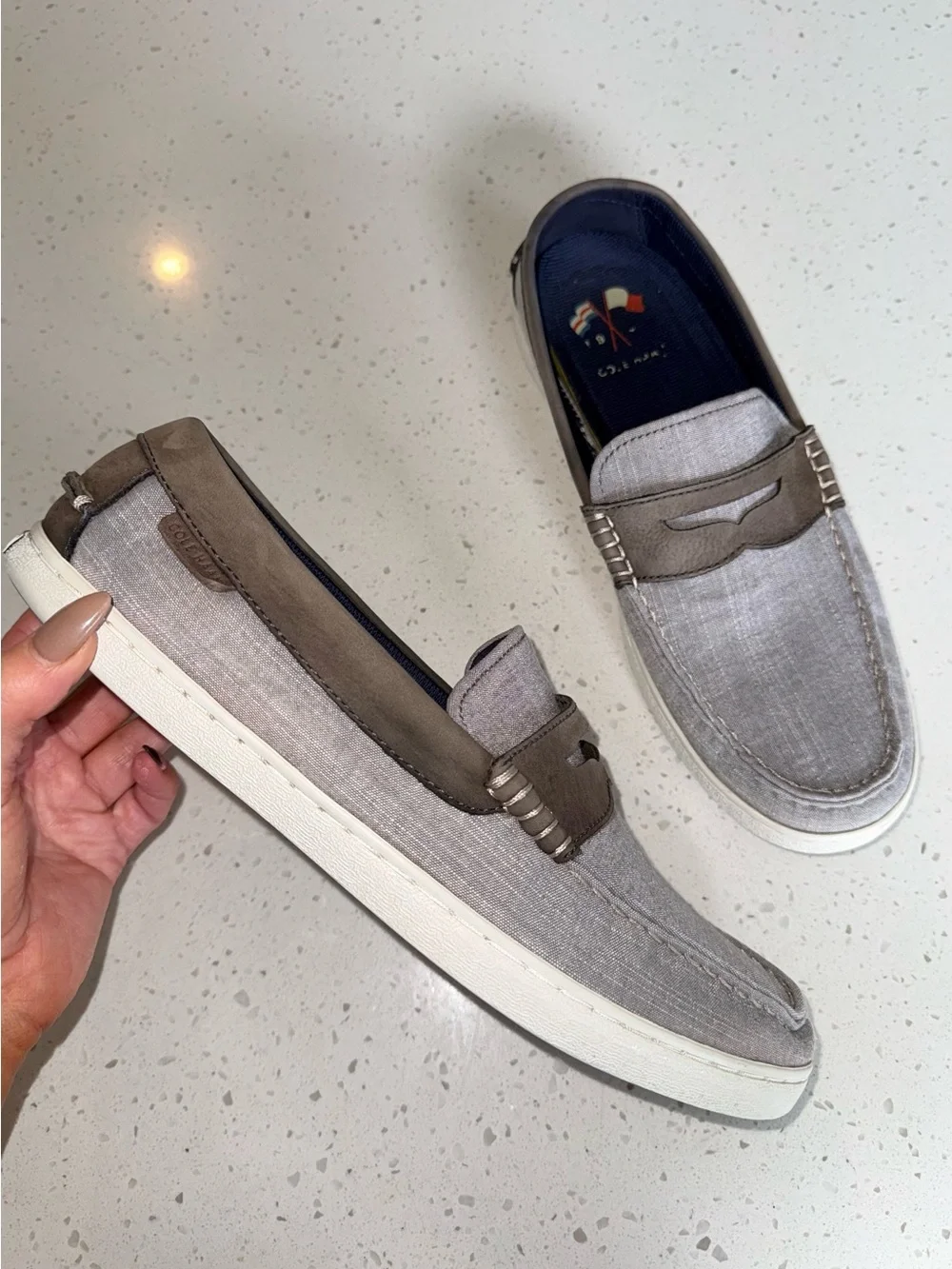 Cole Haan Gray Fabric Slip-On Loafers with Brown Trim